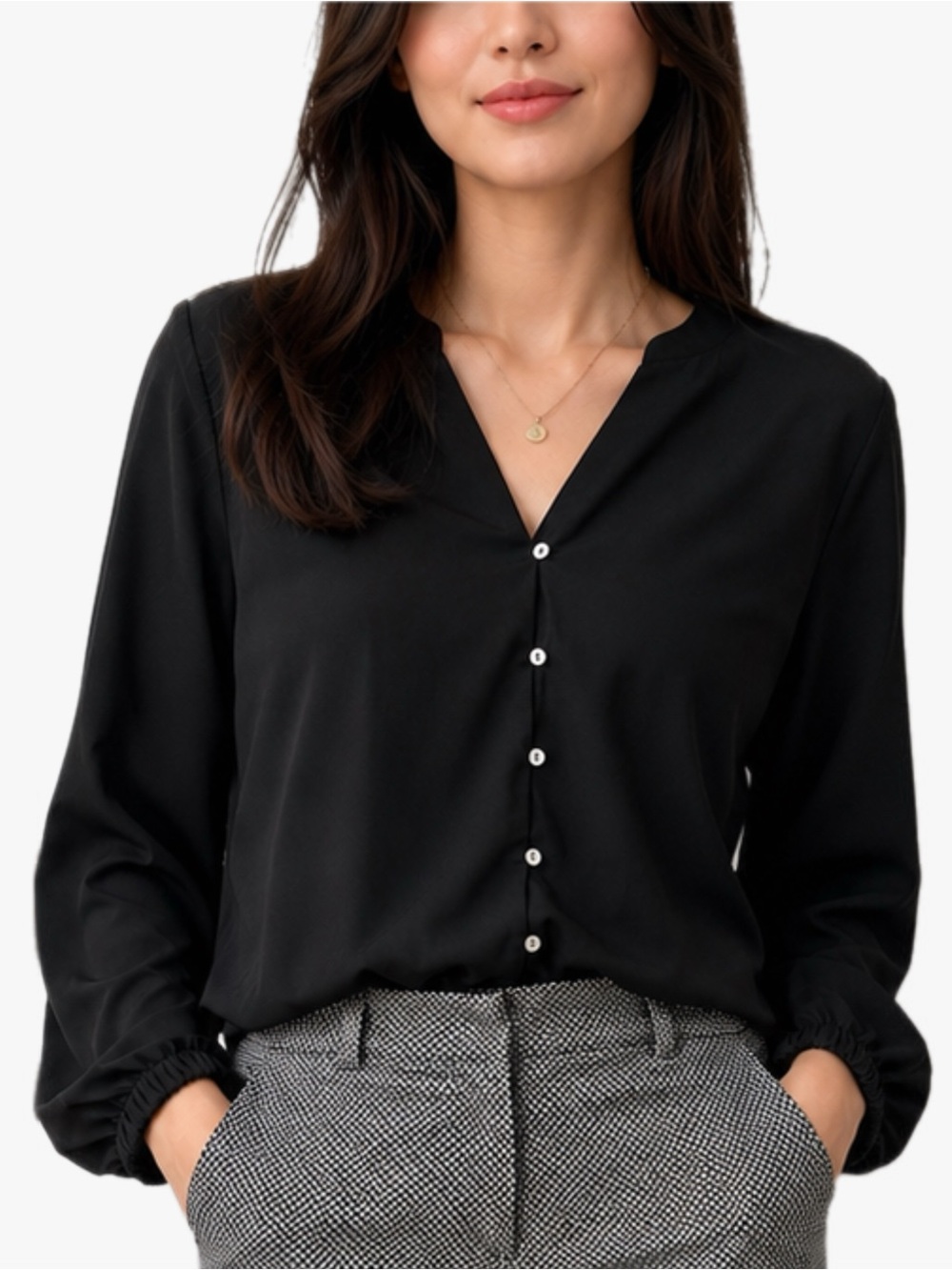 NWT OLM XL Black Button Front Blouse Long Sleeve Career Office Business Top